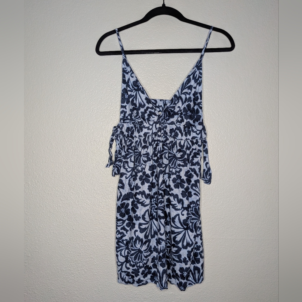 Aerie Womens 2024 Floral Blue Linen Blend Coconut Girl Mini Tank Style Dress M